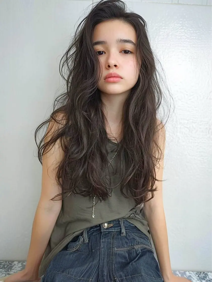 ロング カラー パーマ ブラウンカラー オリーブブラウン デジタルパーマ カット ヘアカラー パーマ トリートメント ケア剤オタク×海外 ヘア長谷川裕起のヘアスタイル