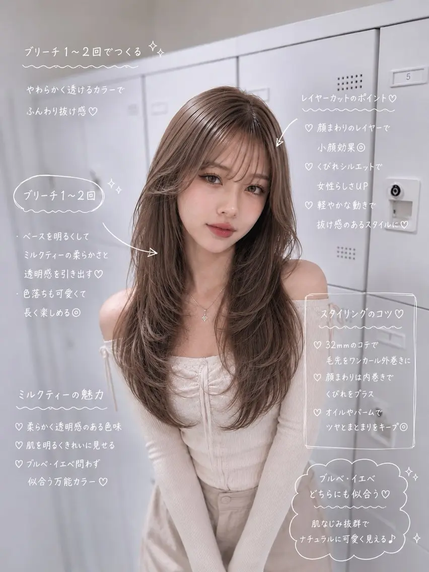 ロング カラー カット ヘアカラー 💛ミルクティー 色落ち可愛い💛のヘアスタイル