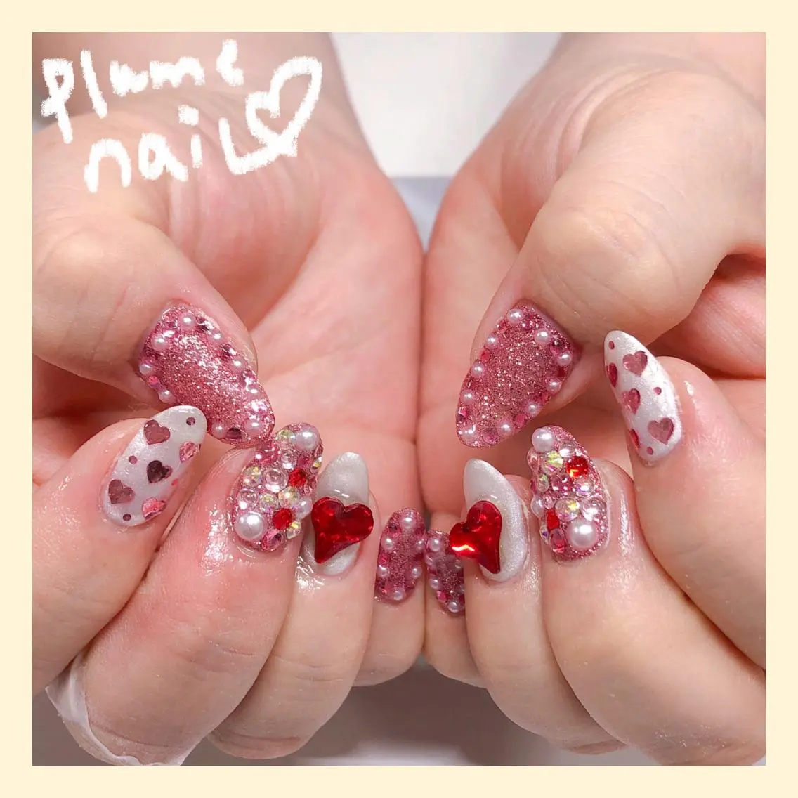 ネイル アートネイル ハート キラキラネイル 韓国ネイル 春ネイル ハンドネイル plume nail ☆韓国ネイルのネイルデザイン