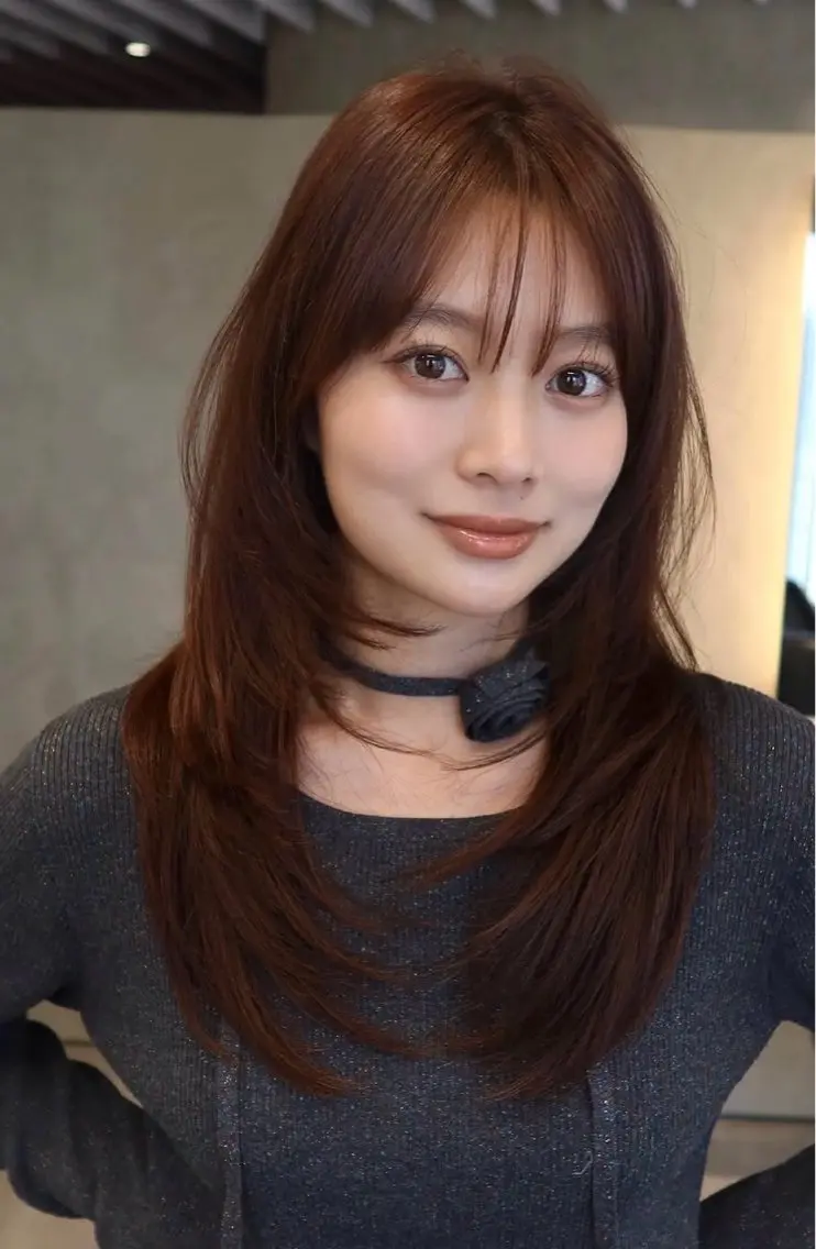 ロング オレンジブラウン ヘアカラー トリートメント ヘアセット 韓国風レイヤーカラー ライムのヘアスタイル