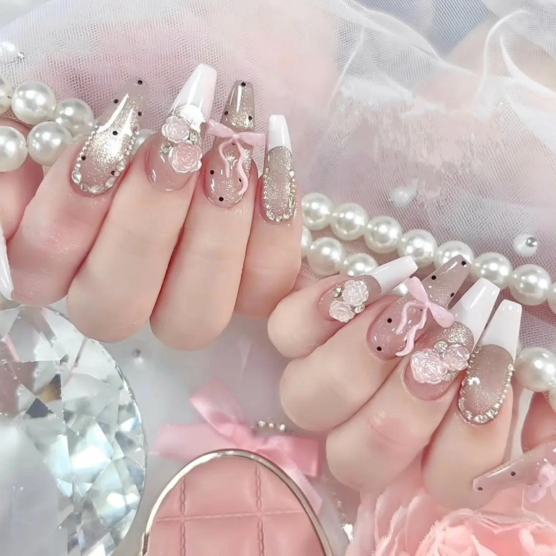 ロング 外国人風カラー 韓国風ヘア ハンドネイル E🌷nail 長さだし専門店のネイルデザイン