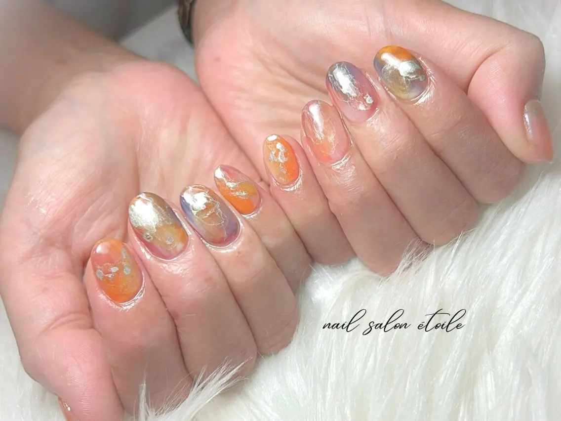 ネイル ブルー ゴールド ニュアンスネイル オレンジ ハンドネイル nail salon étoileのネイルデザイン