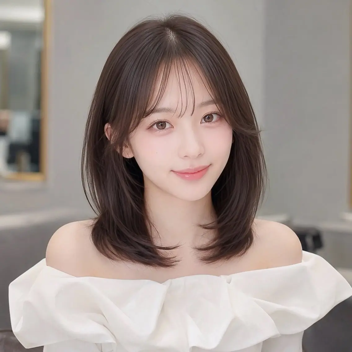 ミディアム ミディアムレイヤー くびれヘア 顔周りカット ハッシュカット 髪質改善 カット ヘアカラー トリートメント 渋谷/髪質改善🫧 韓国/レイヤー/会田のヘアスタイル