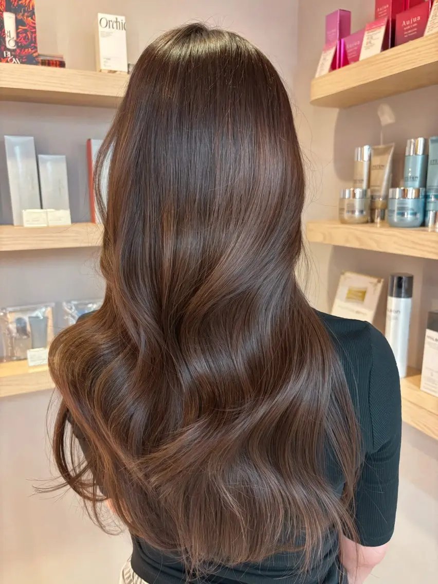 ロング 切りっぱなしボブ チョコレートブラウン ボブ くびれヘア 韓国風ヘア ヘアカラー RYOTA レイヤー 中明度カラー/縮毛のヘアスタイル