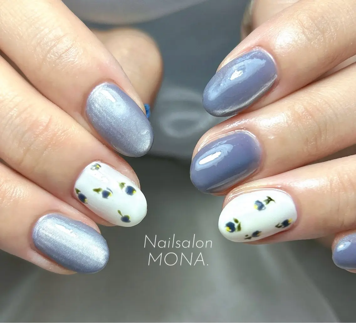 ネイル ブルー マグネットネイル リボン ホワイト ハンドネイル Nailsalon MONA.のネイルデザイン