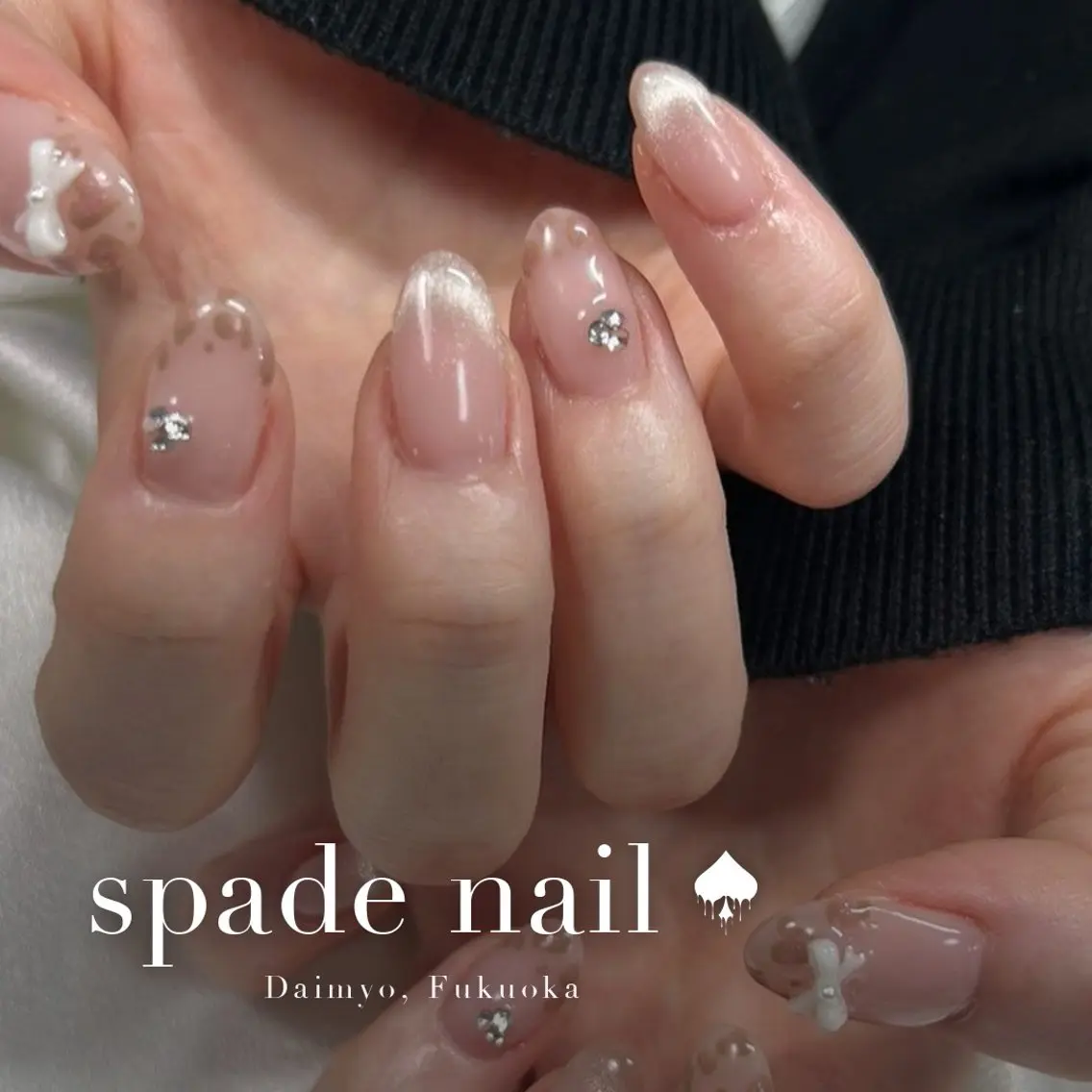 ネイル アートネイル ニュアンスネイル オフィスネイル リボン ストーンネイル ハンドネイル Spade nail(大名)のネイルデザイン