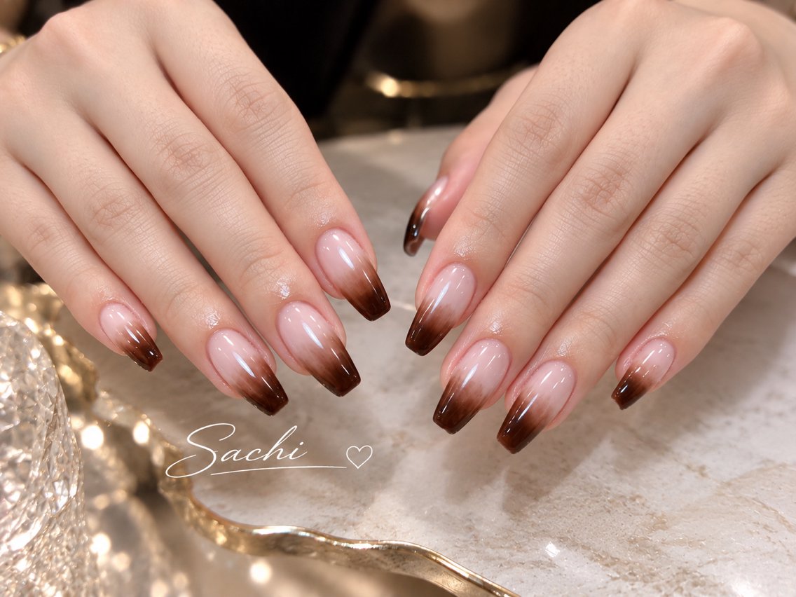ネイル ブラウン グラデーション ピンク 冬ネイル ハンドネイル Sachi Nail上野のネイルデザイン