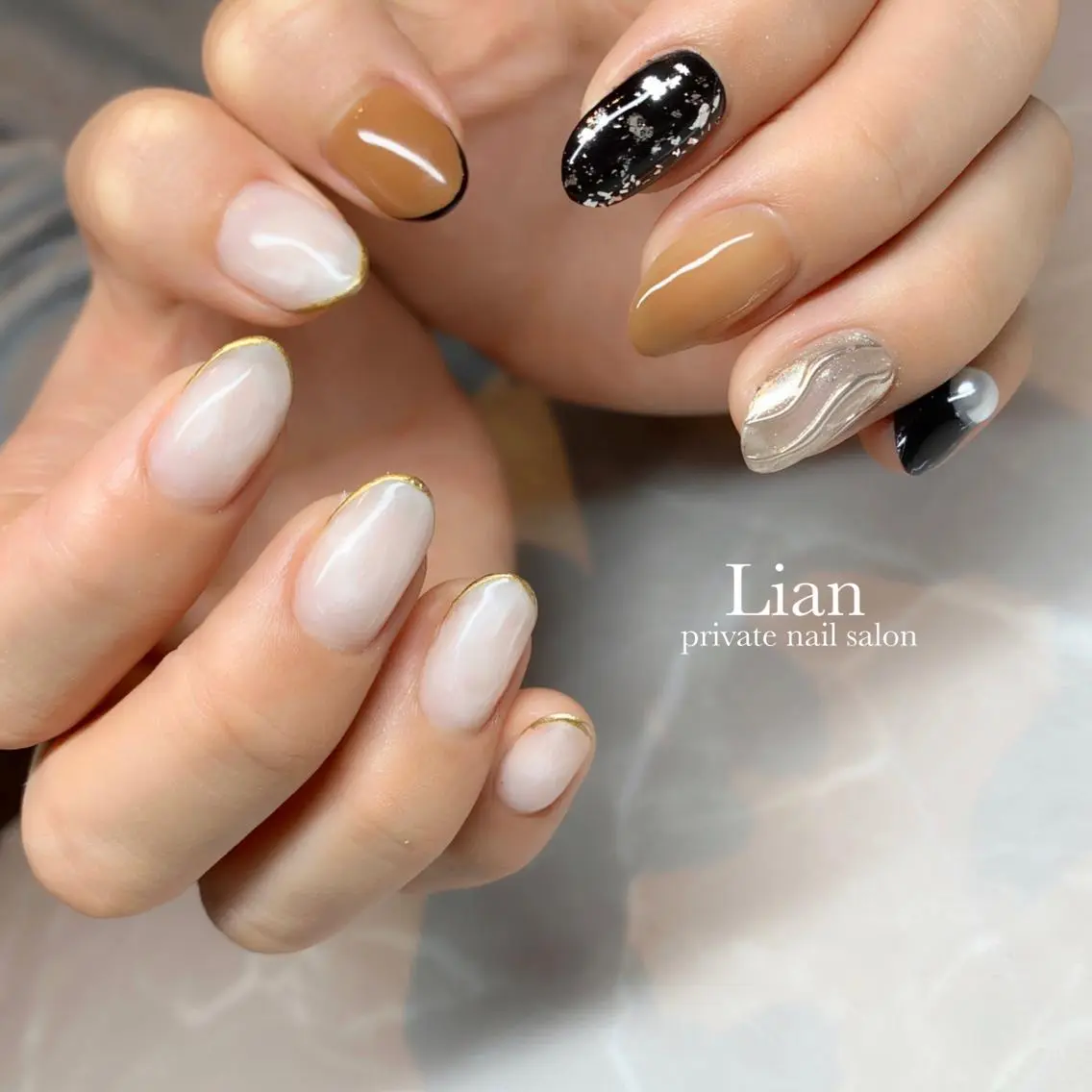 ネイル ブラウン フレンチネイル ネイビー ニュアンスネイル ホワイト nailsalon Lenoaのネイルデザイン