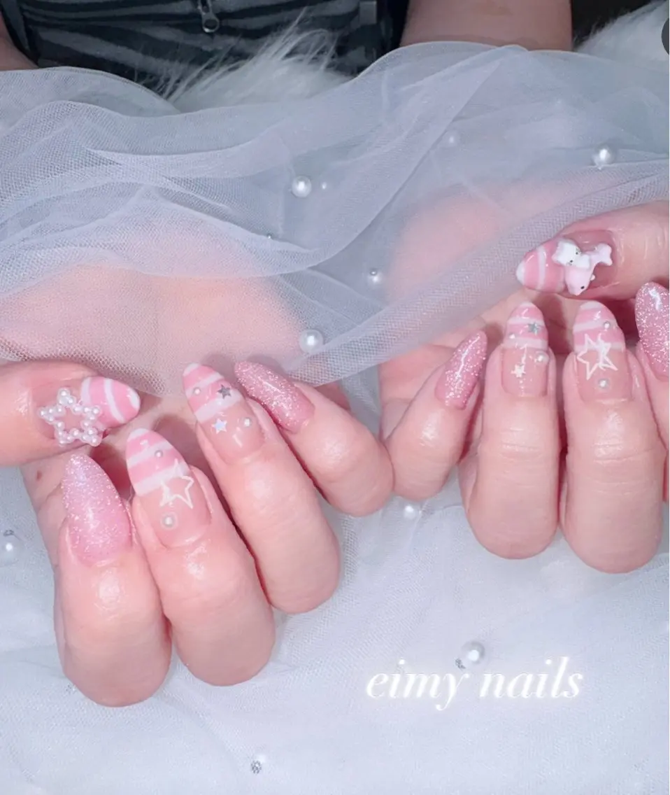 ネイル アートネイル ボーダー フラッシュネイル ラメ(グリッター) ピンク ハンドネイル eimy nails♡のネイルデザイン