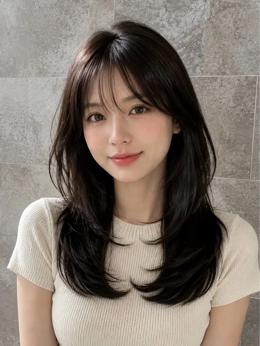 ロング ロングレイヤー 顔周りカット かきあげバング 韓国風ヘア レイヤーカット カット ヘアカラー 透明感カラー/韓国レ イヤー/宮下知也のヘアスタイル