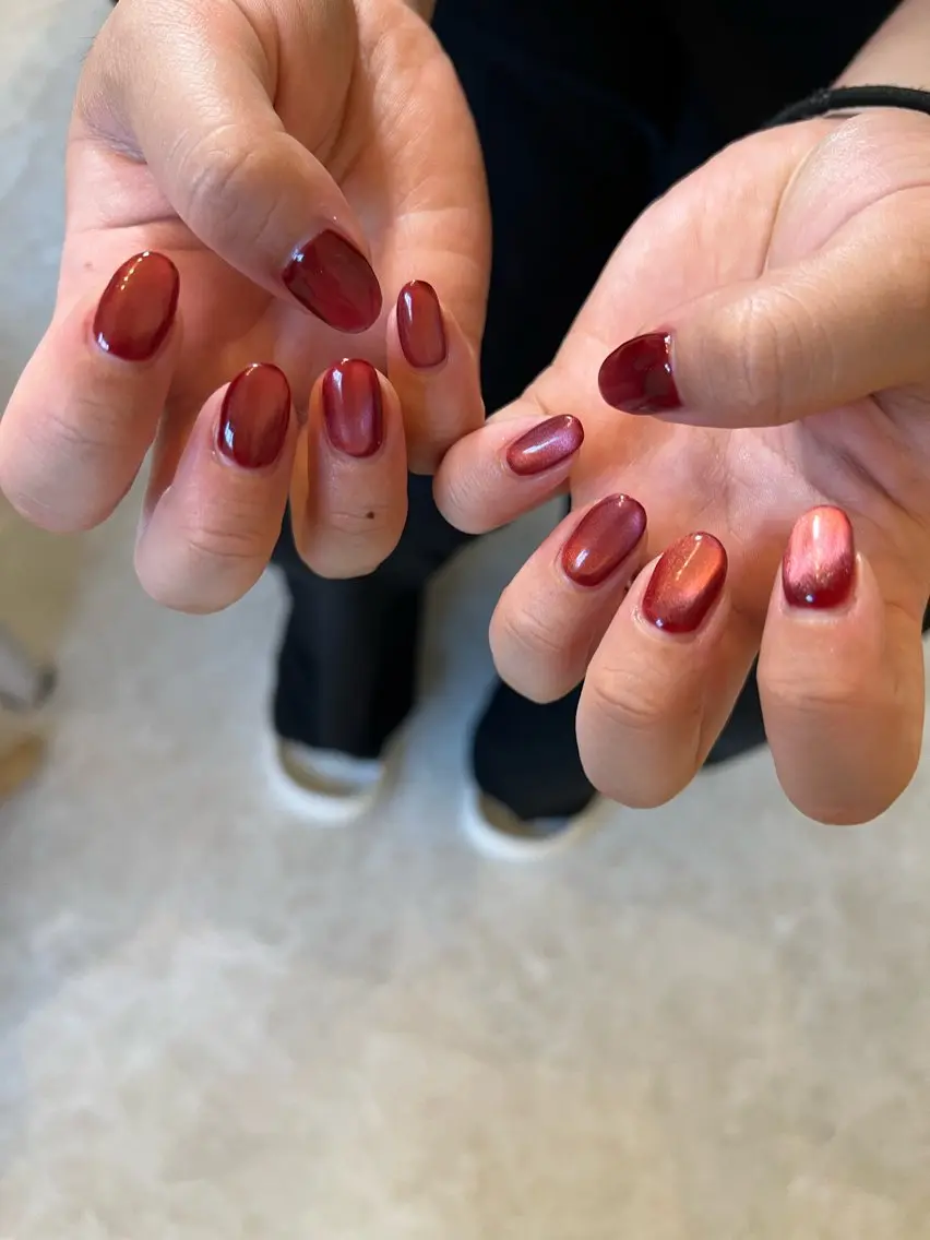 ネイル ボルドー ジェルネイル マグネットネイル ニュアンスネイル パラジェル sode shioriのネイルデザイン