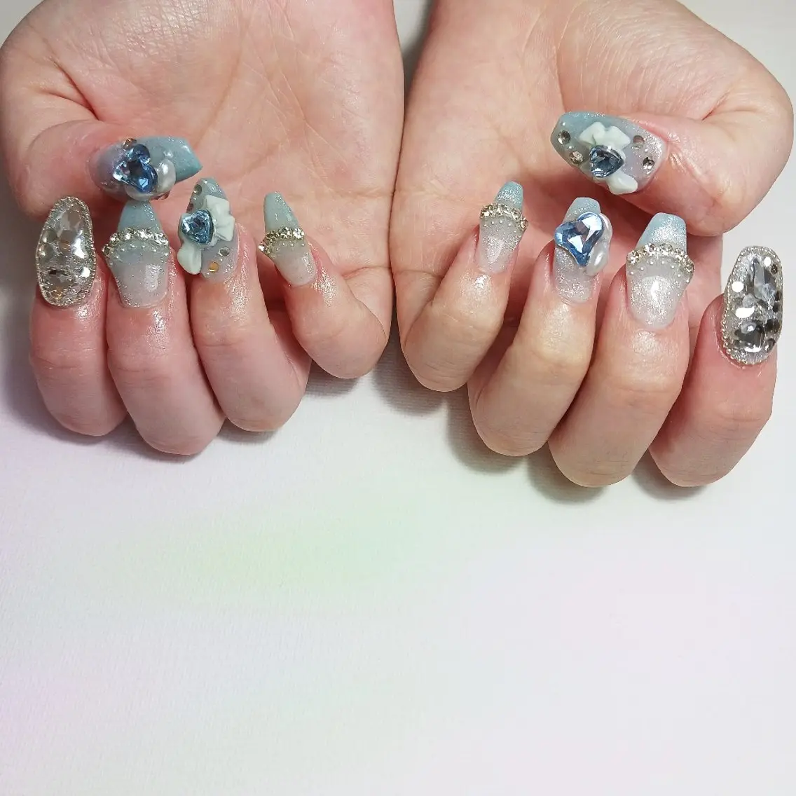 ネイル ジェルネイル 水色 持ち込み リボン ショートネイル owlnail /持込みデザイン専門のネイルデザイン
