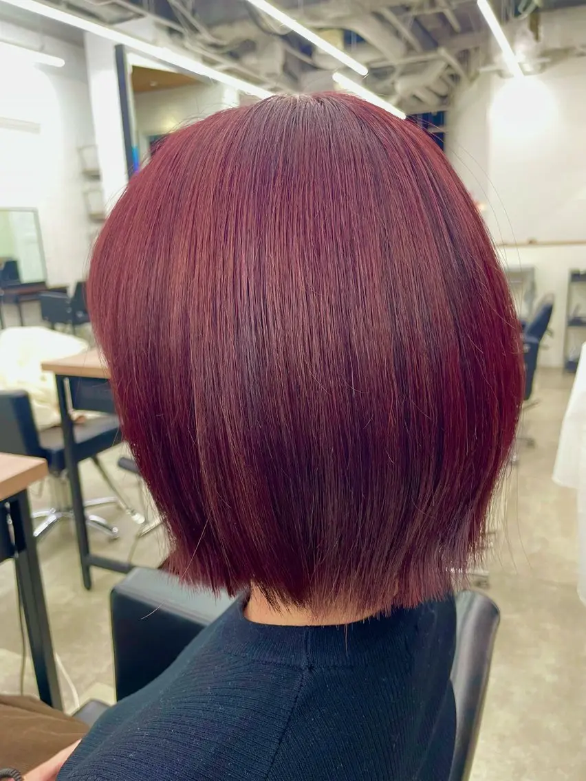 ミディアム カラー ヘアアレンジ ブリーチ ボルドーカラー ブラウンカラー カシス 透明感カラー ヘアカラー トリートメント 🎈ブリーチなし暖色 カラー/レッド/ゆいのヘアスタイル