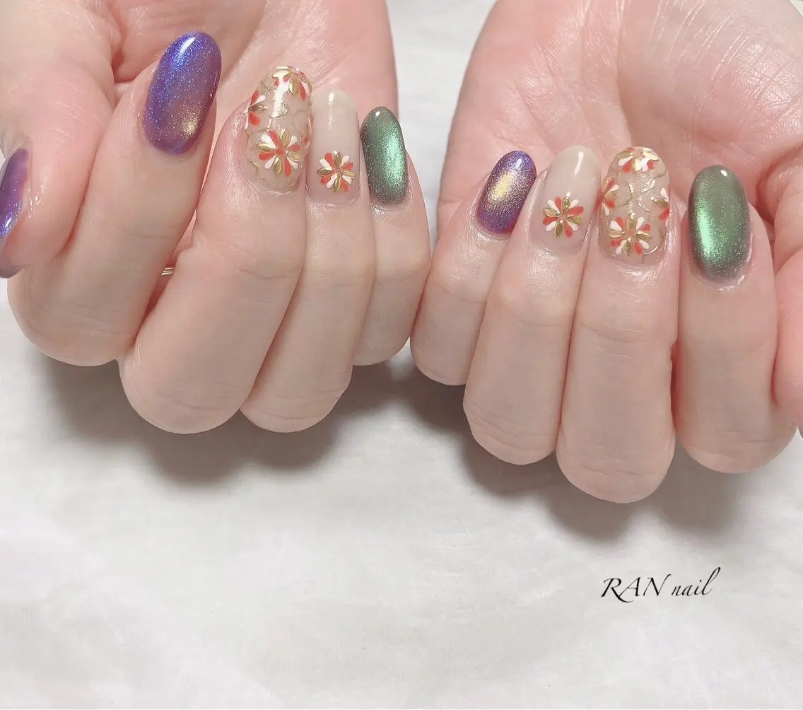 ネイル アートネイル グリーン キラキラネイル マグネットネイル パープル ハンドネイル フットネイル RAN nailのネイルデザイン