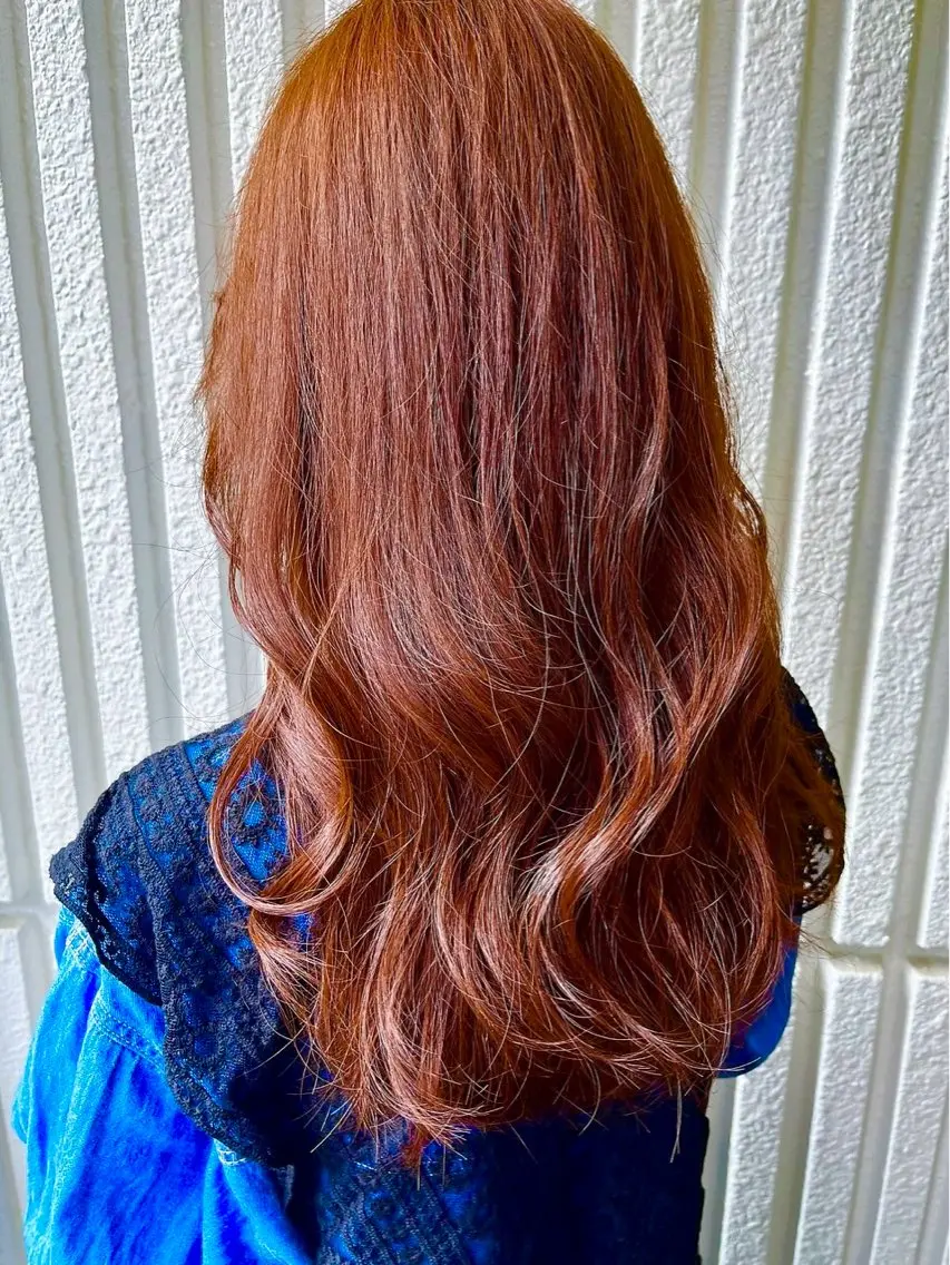 ロング カラー ブリーチ ブラウンカラー ダブルカラー ブリーチなしカラー オレンジ カット ヘアカラー レイヤーカット☆顔ま わりカット*田村りおのヘアスタイル