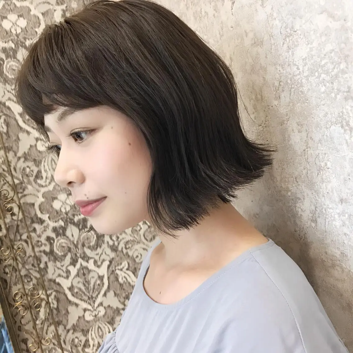 ミディアム カラー ダークグレー ダークグレージュ グレージュ ボブ ショート特化 /天神大名/ハルナのヘアスタイル