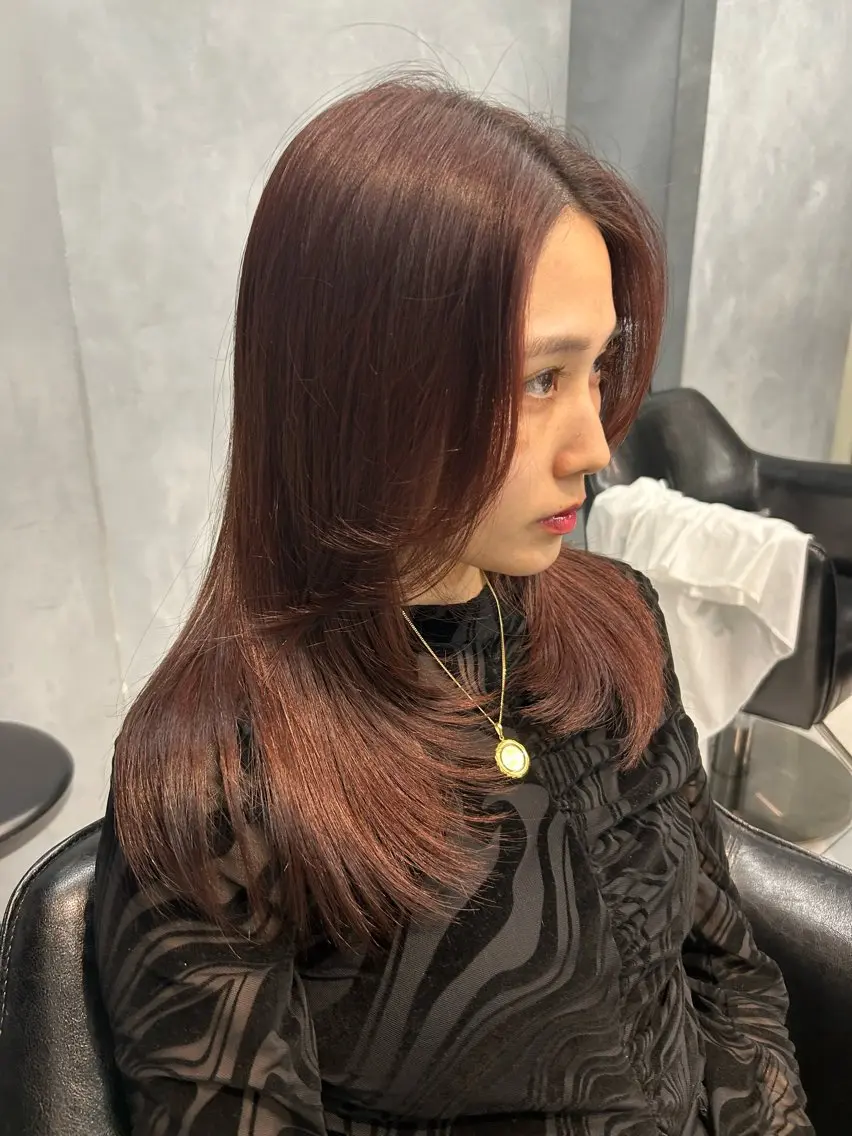 セミロング 顔周りカット 韓国風ヘア レイヤーカット 白髪染め 解決‼️のヘアスタイル