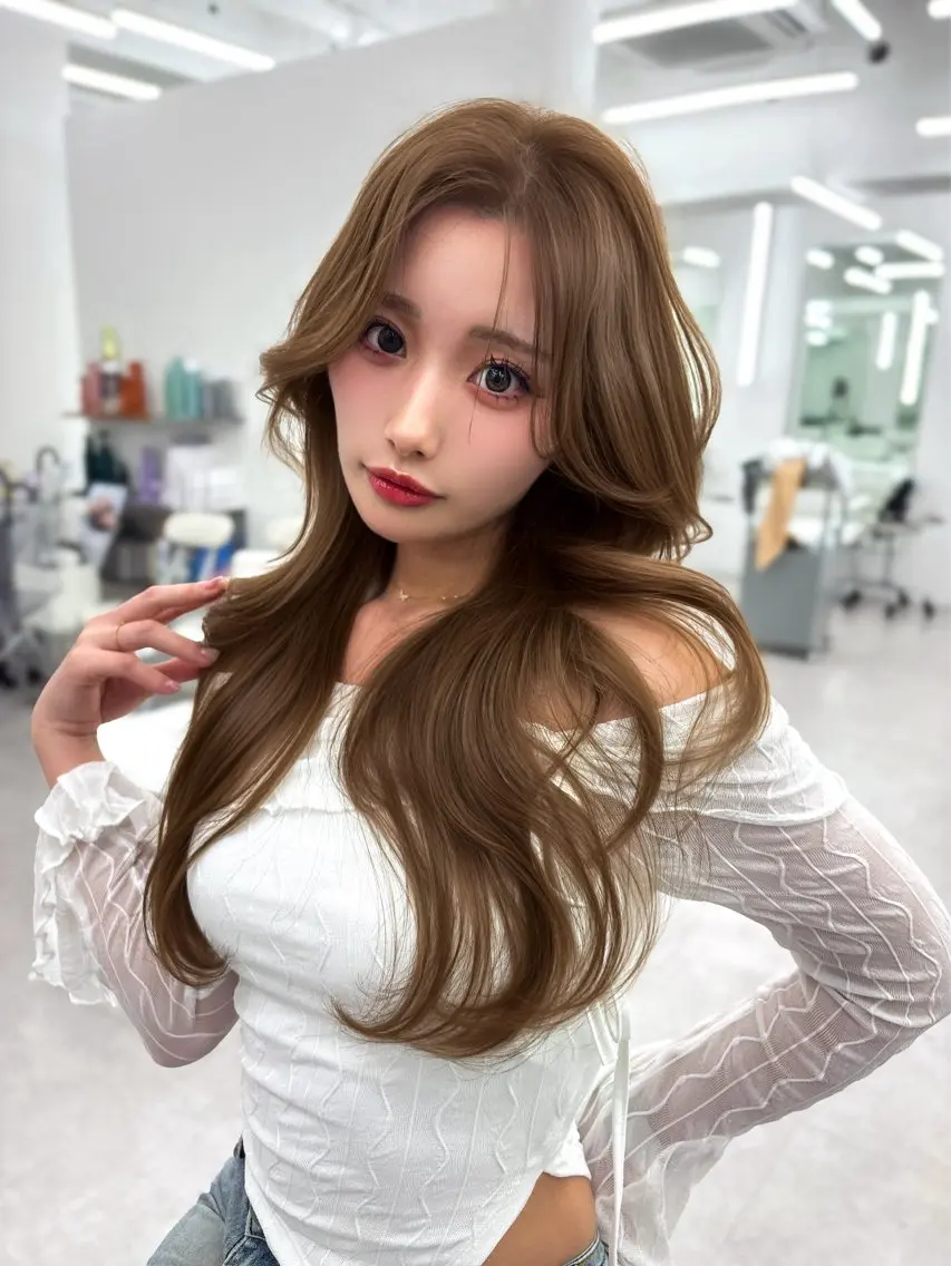 ロング カラー ベージュカラー ダブルカラー オリーブベージュ 髪質改善 韓国風ヘア カット ヘアカラー トリートメント 盛れる顔周り✨韓国式 レイヤーkanatoのヘアスタイル