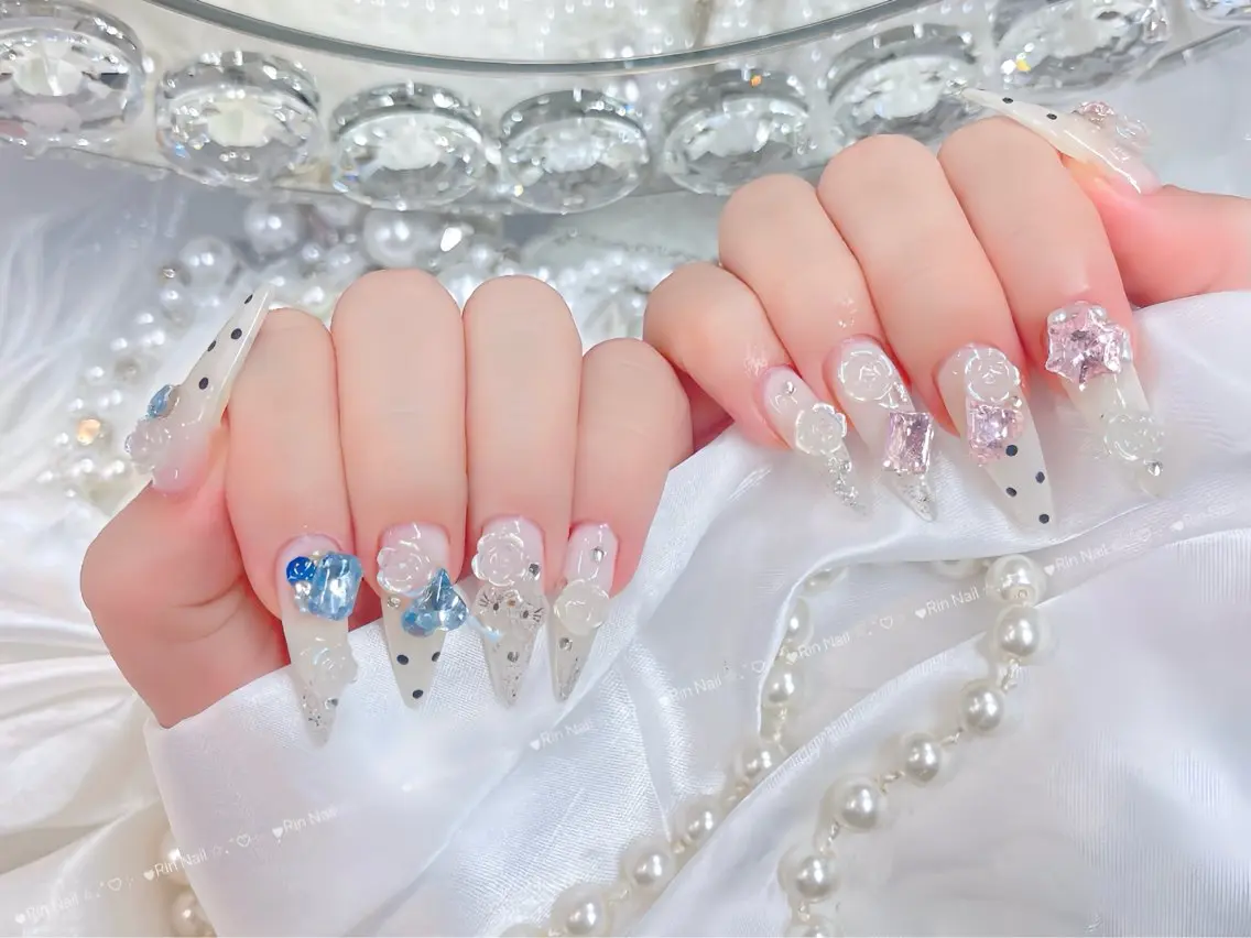 ネイル クリアネイル ドット フットネイル ジェルネイル グリーン ハンドネイル Rin Nail 新大久保店のネイルデザイン