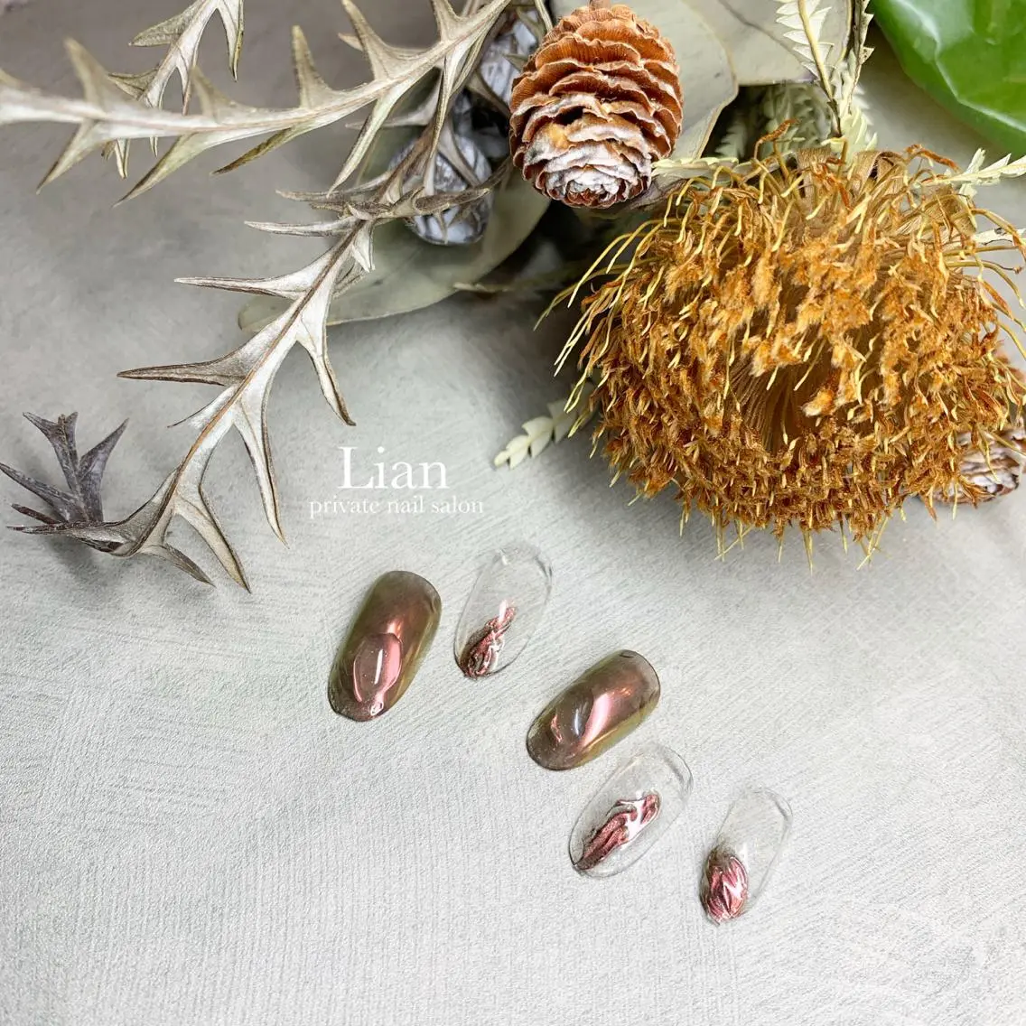 ネイル ブラウン ミラーネイル ニュアンスネイル ネイルチップ nailsalon Lenoaのネイルデザイン