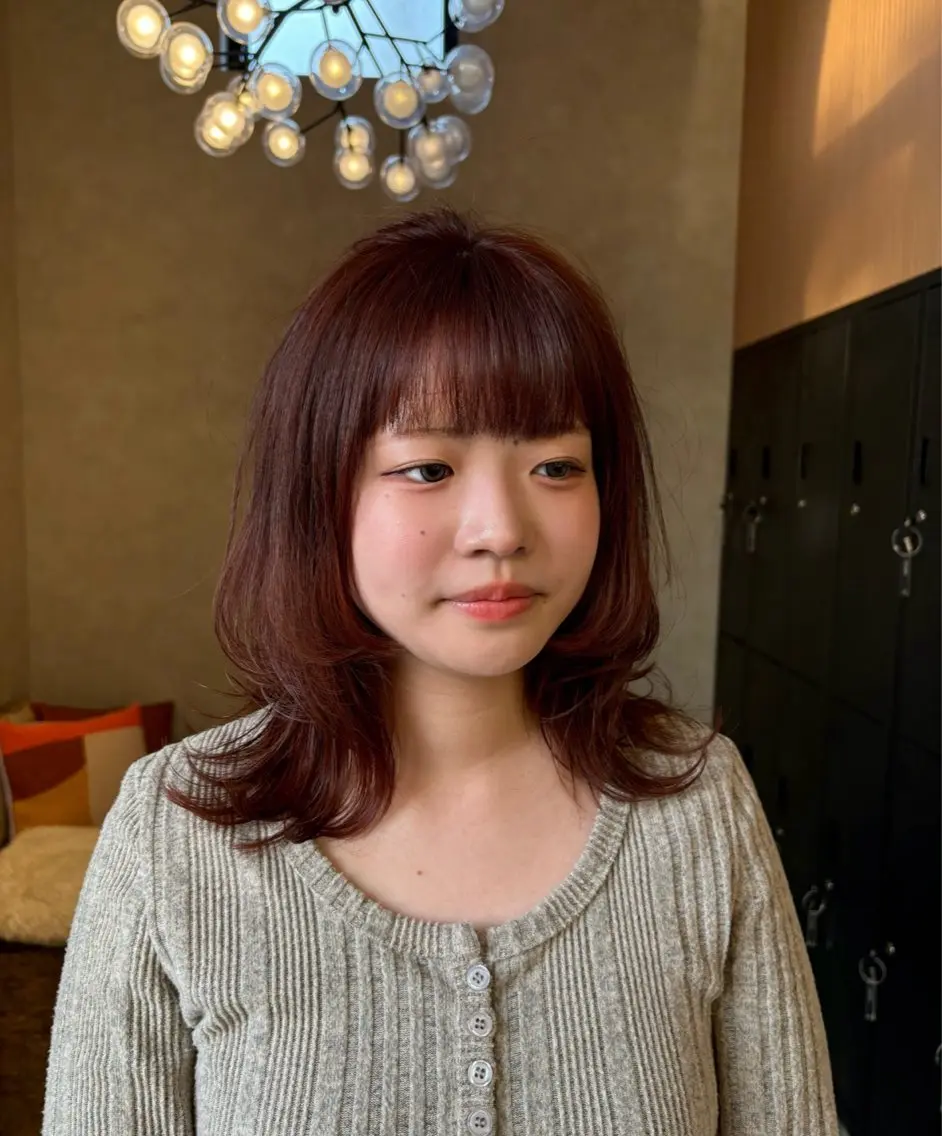 ミディアム カラー オレンジ レイヤーカット ボブ/レイヤー/暖色 カラー/モモカ🎀のヘアスタイル