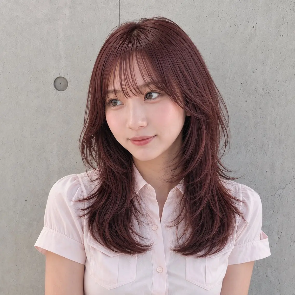 セミロング カラー ブラウンカラー レッドカラー 韓国風ヘア レイヤーカット シースルーバング カット ヘアカラー トリートメント 盛れる顔まわりカット 髪質改善/渋谷/れんのヘアスタイル