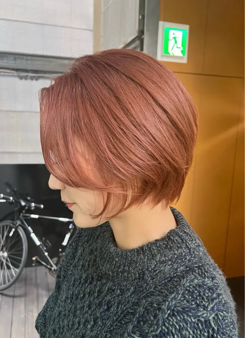 ショート カラー ブラウンカラー オレンジ オレンジブラウン ショートヘア カット ヘアカラー トリートメント CHERIEブリーチ ダブルカラー 天神のヘアスタイル