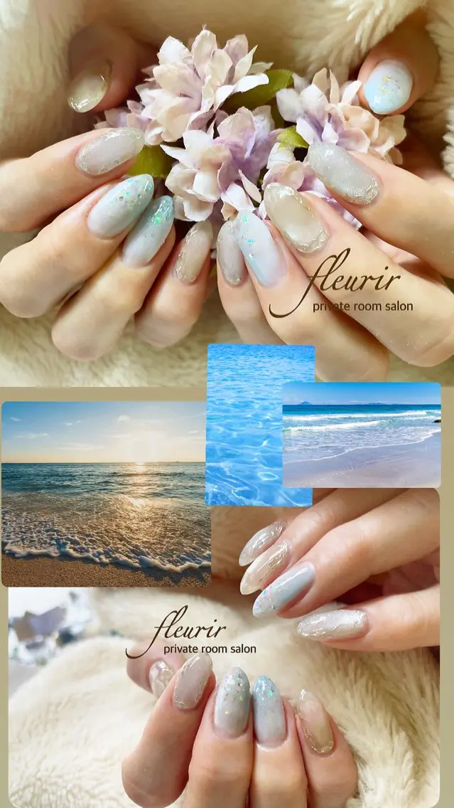 ネイル ホログラムネイル キラキラネイル 水色 ニュアンスネイル ハンドネイル フルリール 【プライベートサロンのネイルデザイン