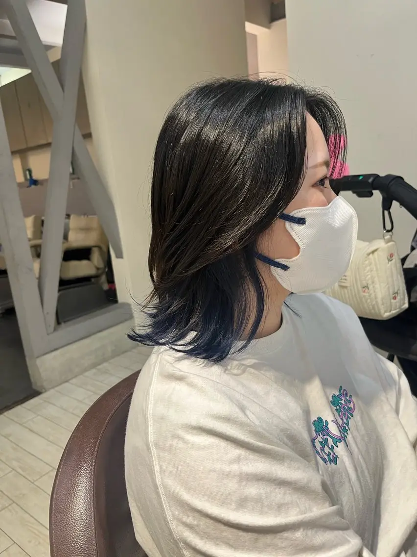 カラー ダブルカラー インナーカラー ネイビーカラー ルプラボウ　小野寺 菜穂/豊橋/パーマのヘアスタイル