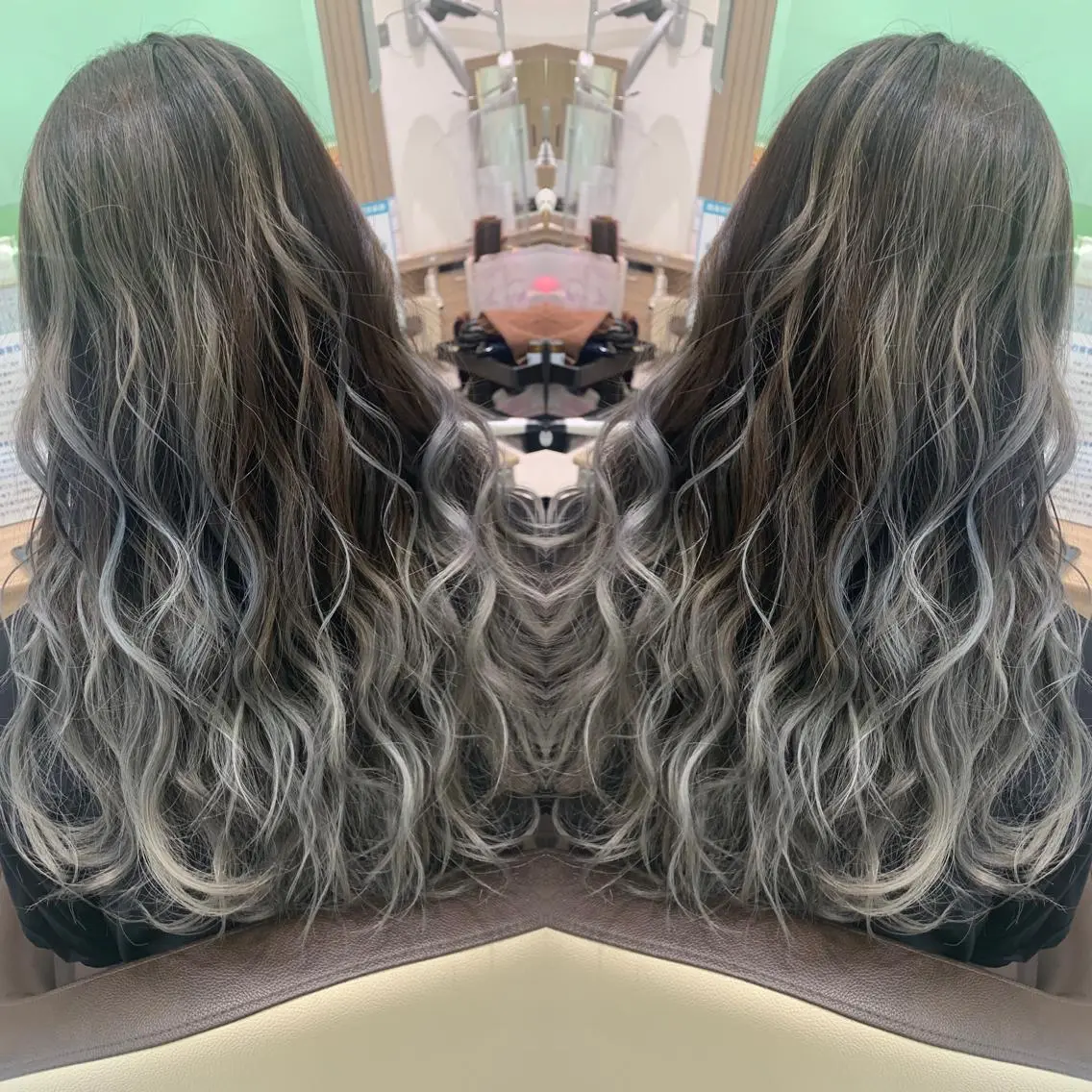 セミロング カラー バレイヤージュ シルバー レイヤーカット カット ヘアカラー ブリーチ/バレイヤ ージュ川端裕司のヘアスタイル