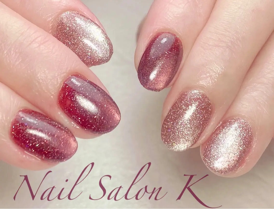 ネイル ボルドー ブラウン フラッシュネイル マグネットネイル ハンドネイル Nail Salon K 🧸美爪育成のネイルデザイン