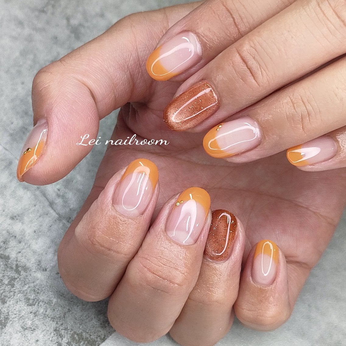 ネイル クリアネイル フレンチネイル オレンジ lei🌼 nailroomのネイルデザイン