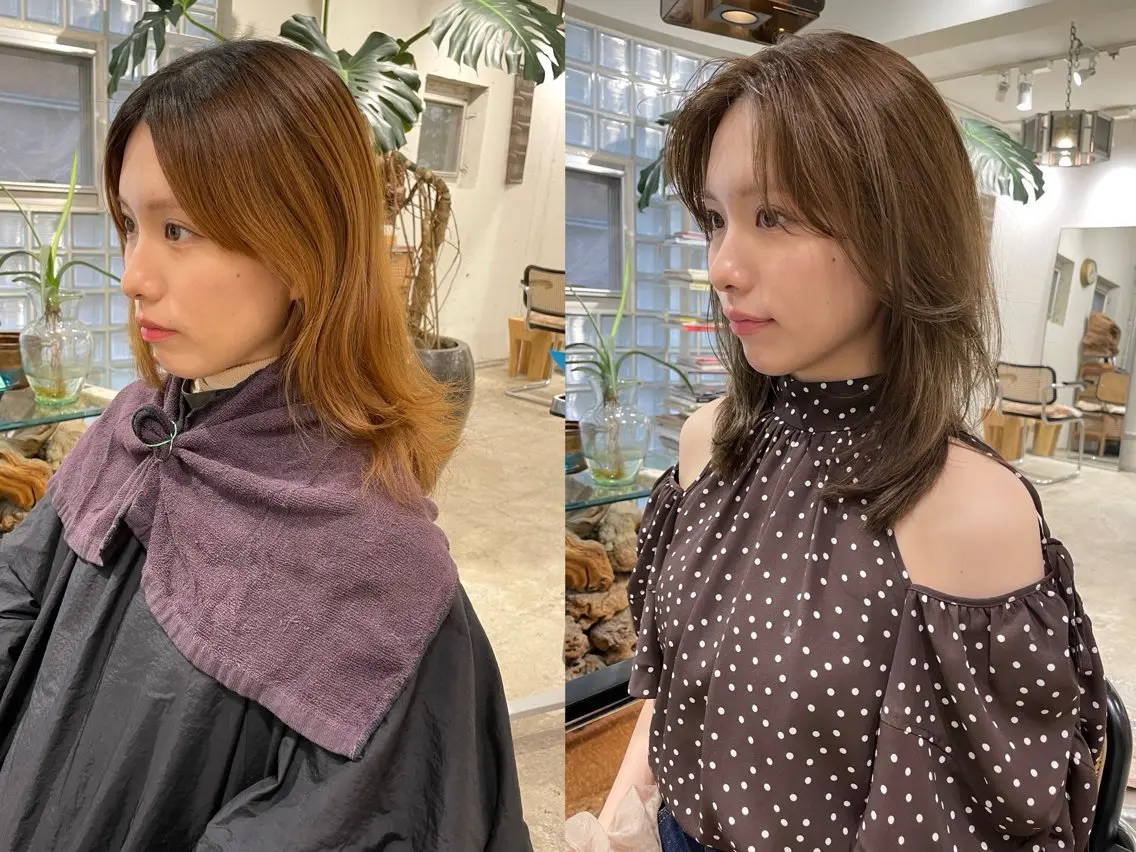セミロング カラー パーマ アッシュ ベージュカラー 透明感カラー レイヤーカット 艶ブラウン／ラフボブ 🪶表参道／remiのヘアスタイル