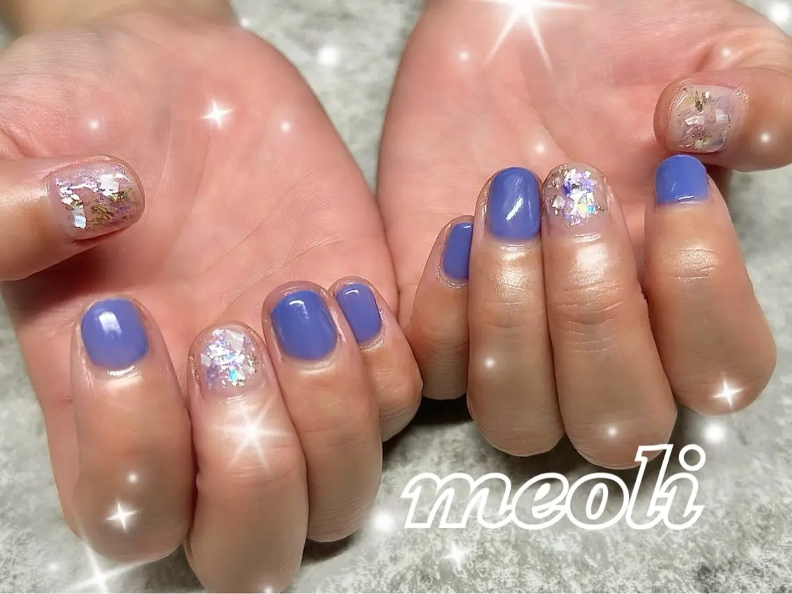 ネイル ブルー キラキラネイル ワンカラーネイル パープル シンプルネイル ハンドネイル nail salon meoli　アヤのネイルデザイン