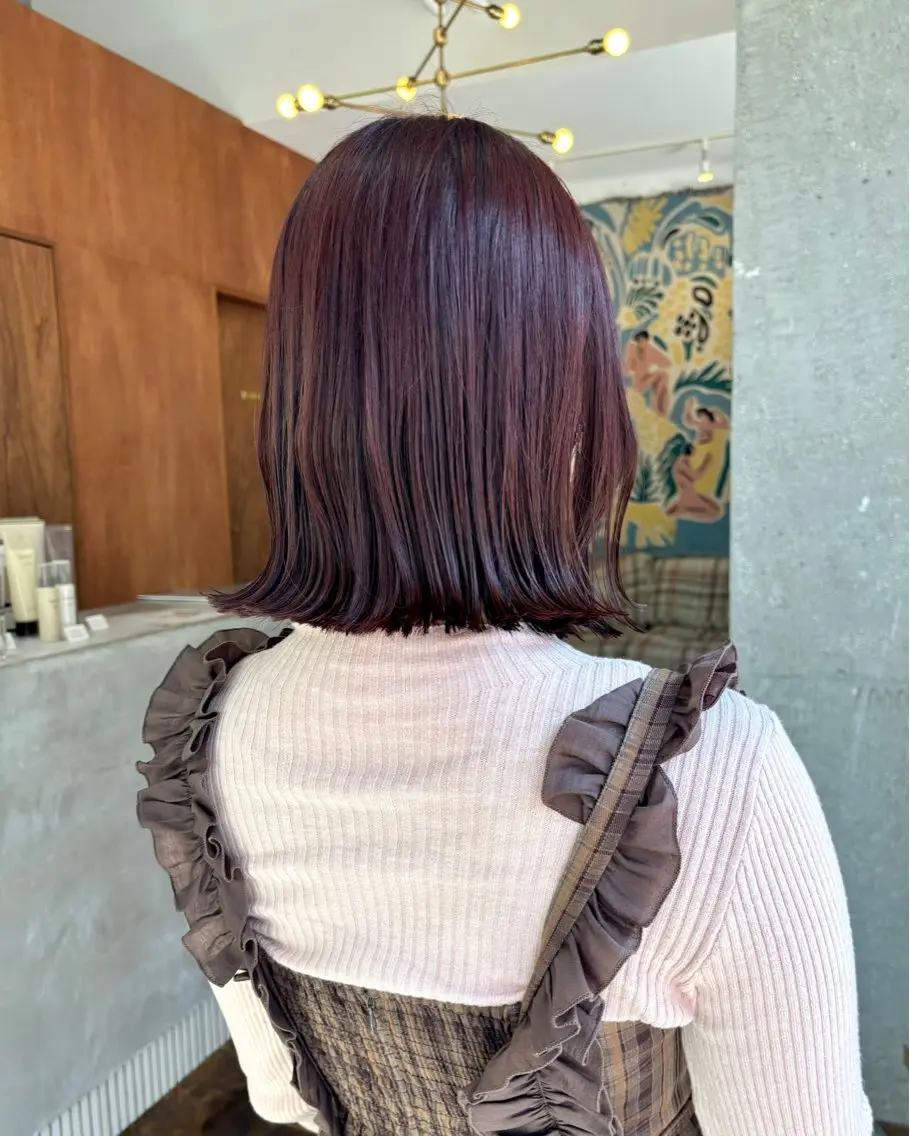 ミディアム カラー ヘアアレンジ ブラウンカラー レッドカラー レッドブラウン ボブ カット ヘアカラー トリートメント パーマ/暖色/ボブ イワタテ🇰🇷のヘアスタイル