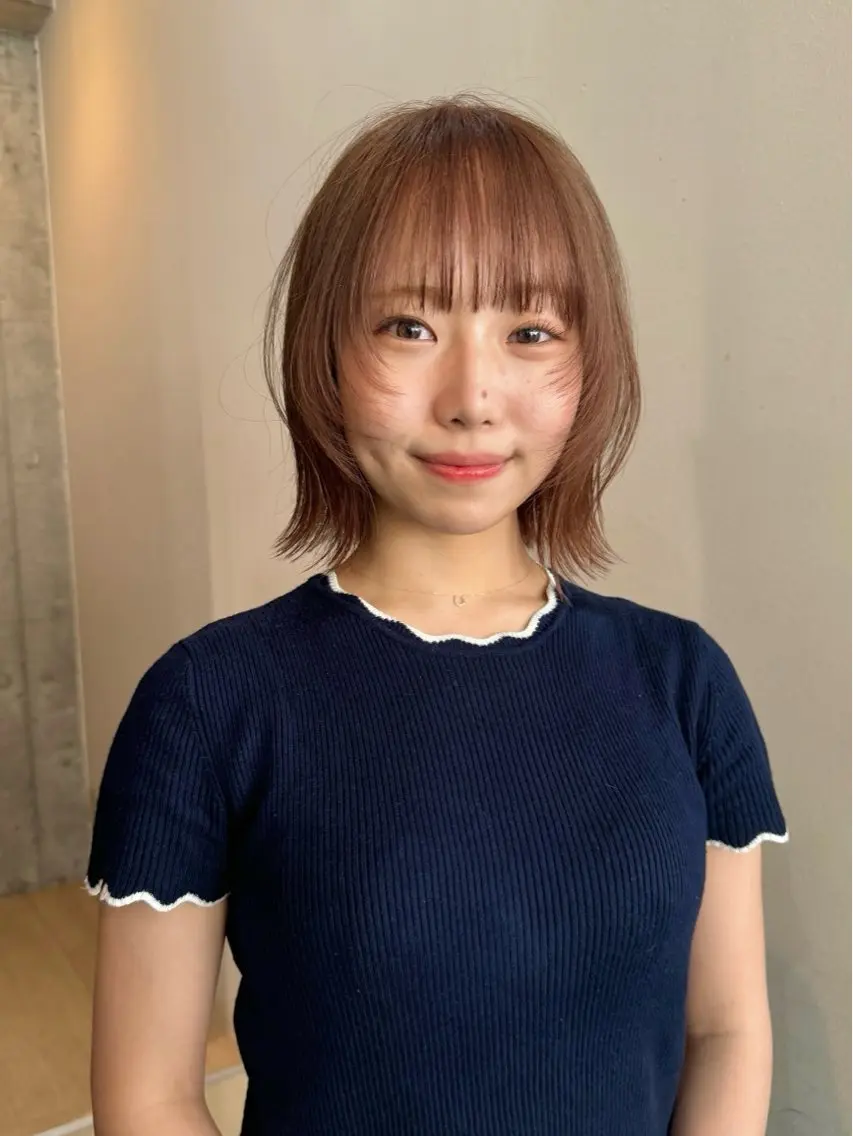ショート ボブレイヤー オレンジブラウン ボブ 顔まわりレイヤー レイヤーカット カット トリートメント 切りっぱなしボブ/ ブリーチカラー/大塚のヘアスタイル