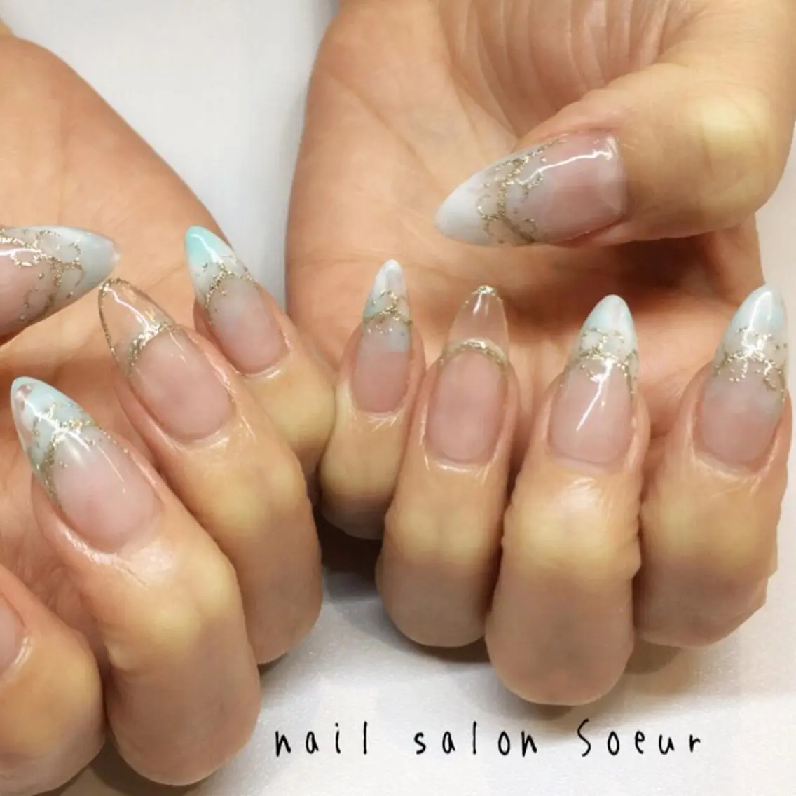ネイル ブルー クリアネイル 大理石ネイル(マーブル) 持ち込み スカルプネイル ハンドネイル nail salon Soeurのネイルデザイン