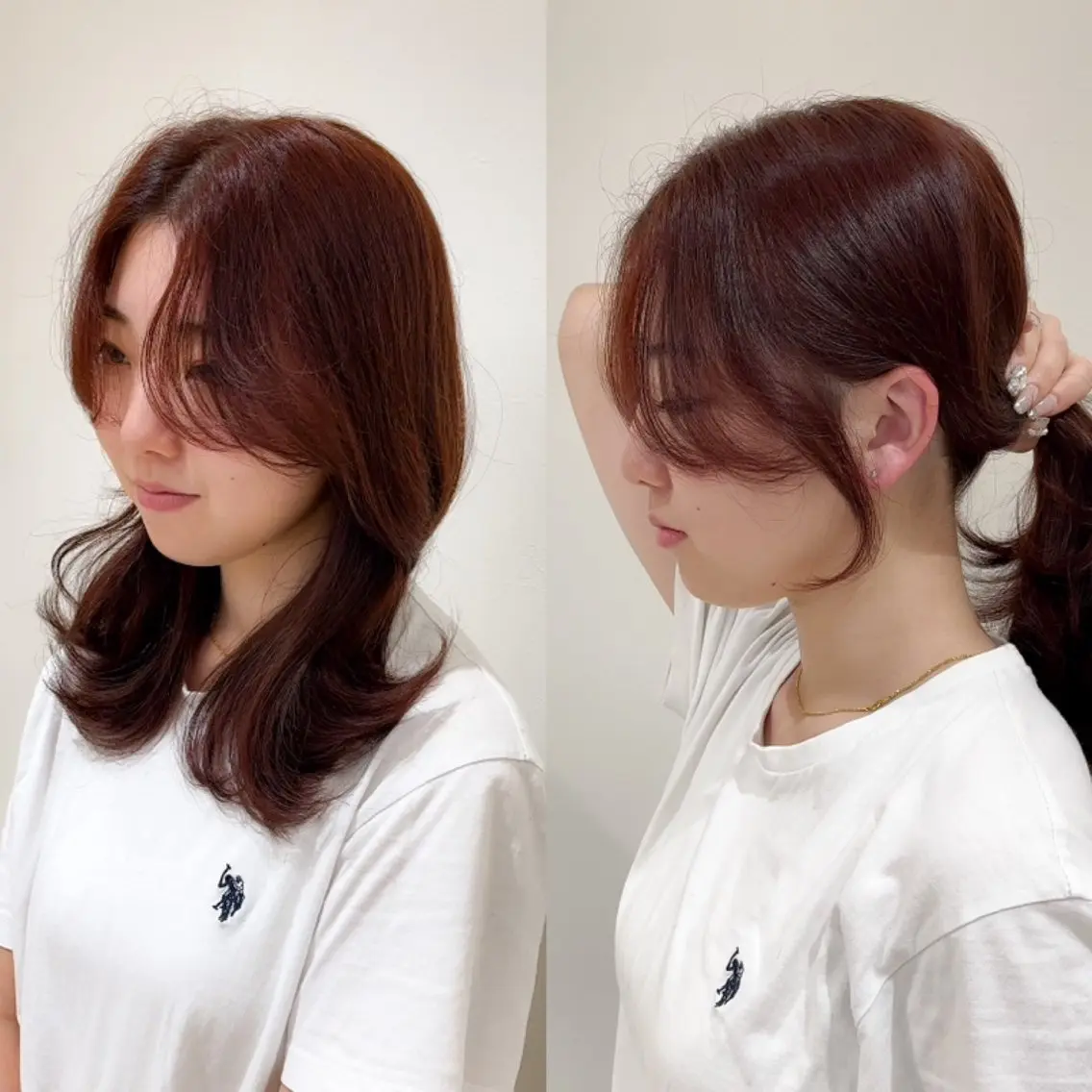 ミディアム カラー ブリーチ カシス ブリーチなしカラー レッドカラー くびれヘア カット ヘアカラー トリートメント ミタニ/髪質改善 /レイヤーカットのヘアスタイル