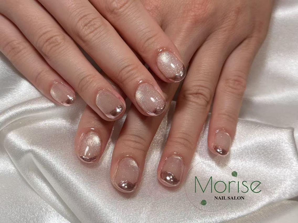 ネイル チークネイル 長さ出し フラッシュネイル フレンチネイル ガラスフレンチ ハンドネイル ハンドケア Morise Nail 原宿店のネイルデザイン