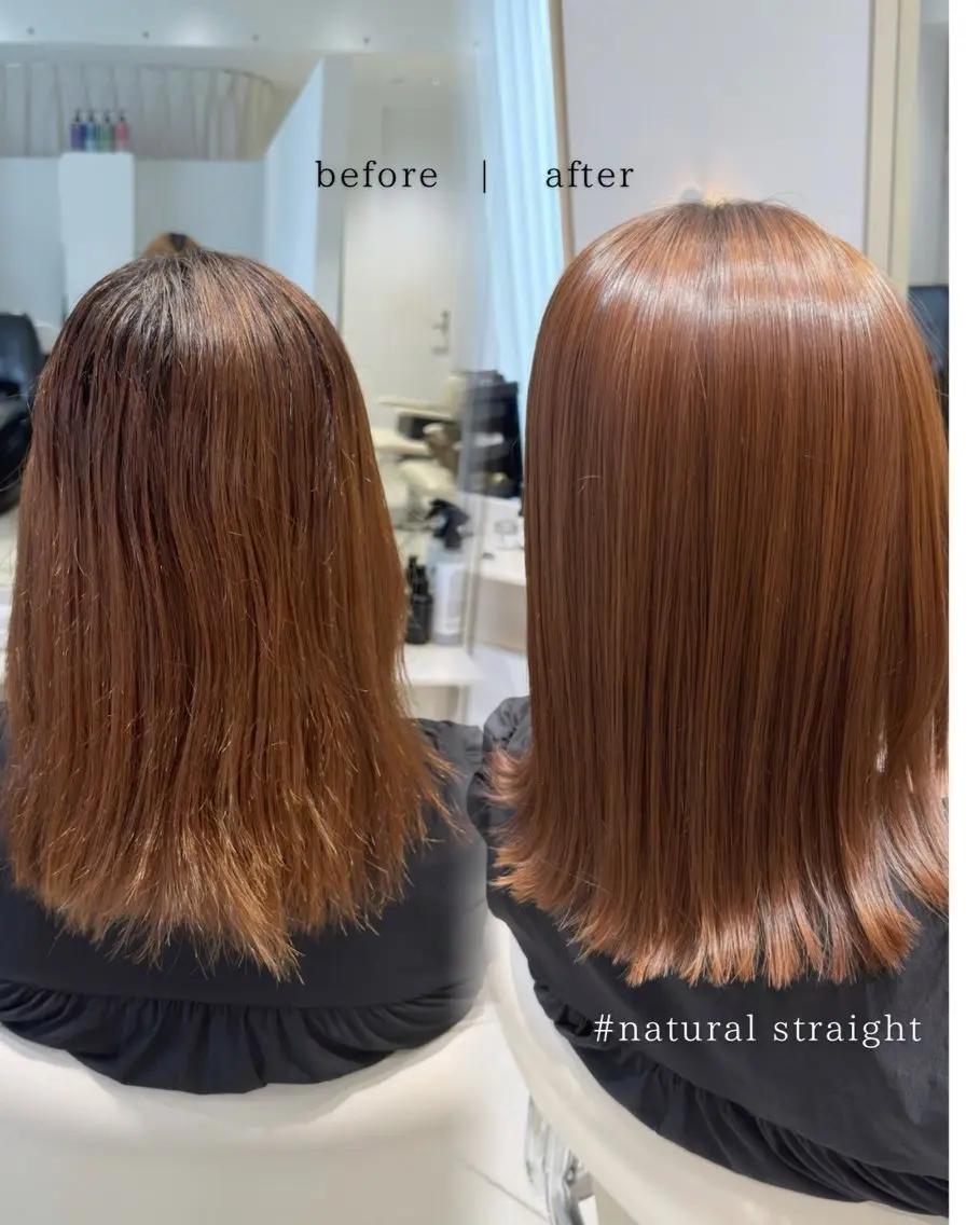 ミディアム カラー パーマ ブラウンカラー オレンジ オレンジブラウン 縮毛矯正 ストレートパーマ カット ヘアカラー 縮毛矯正 トリートメント ヘッドスパ ヘアセット レイヤーカット/縮毛 矯正/川添桃花のヘアスタイル