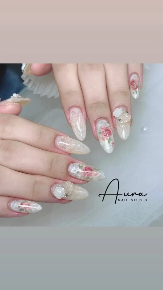 ネイル フラワーネイル ガーリー 韓国ネイル レース ブライダルネイル ハンドネイル Aura Nail Studioのネイルデザイン