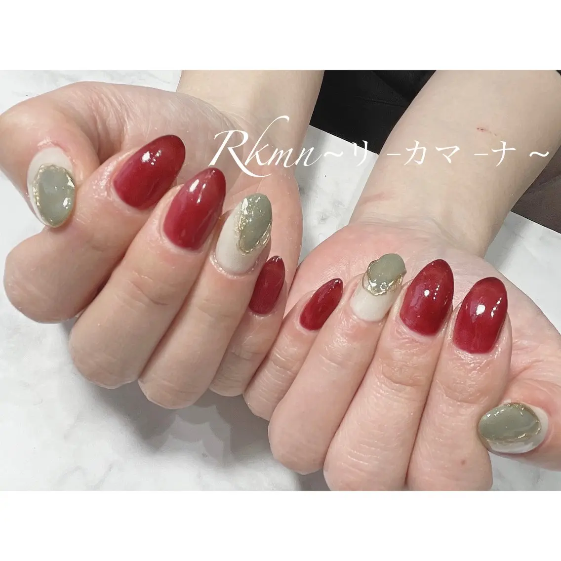 ネイル アートネイル ボルドー フレンチネイル グリーン ミラーネイル ハンドネイル フットネイル ハンドケア Rkmn ~リ-カマ-ナ~のネイルデザイン