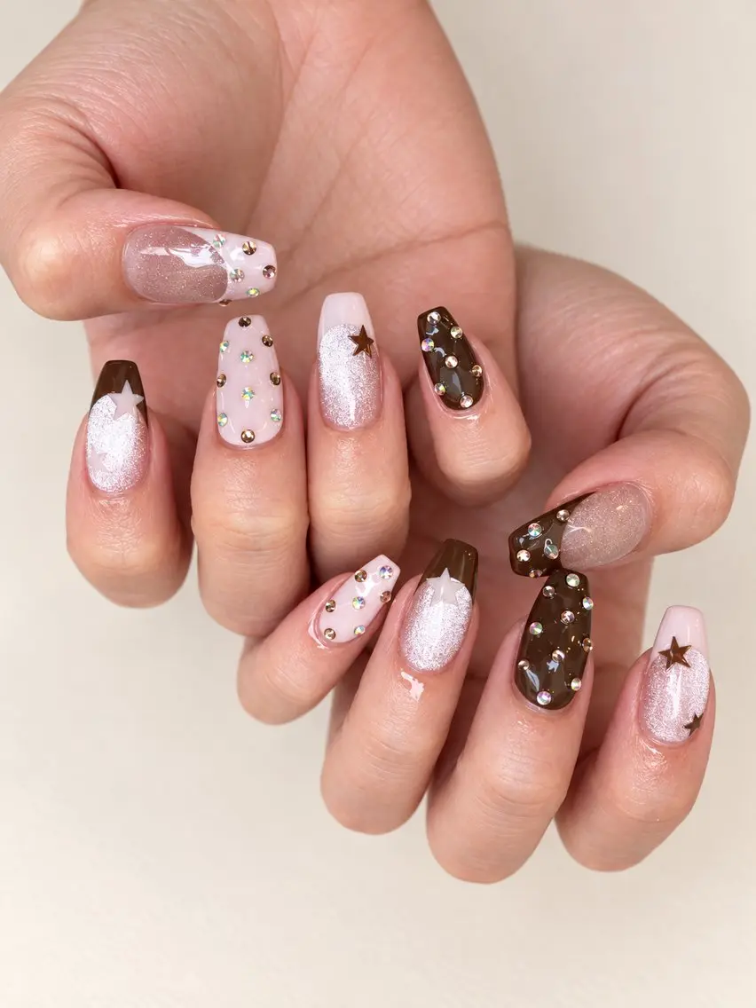 ネイル ブラウン キラキラネイル ラメ(グリッター) マグネットネイル ピンク ハンドネイル N2nail Namba2のネイルデザイン