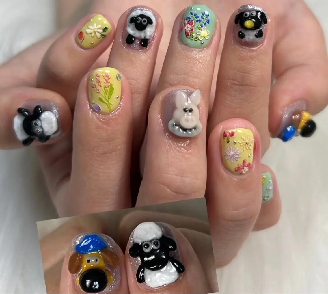 ネイル フラワーネイル グリーン ぷっくりネイル 黄色 ハンドネイル お絵描きネイル Hanakoのネイルデザイン