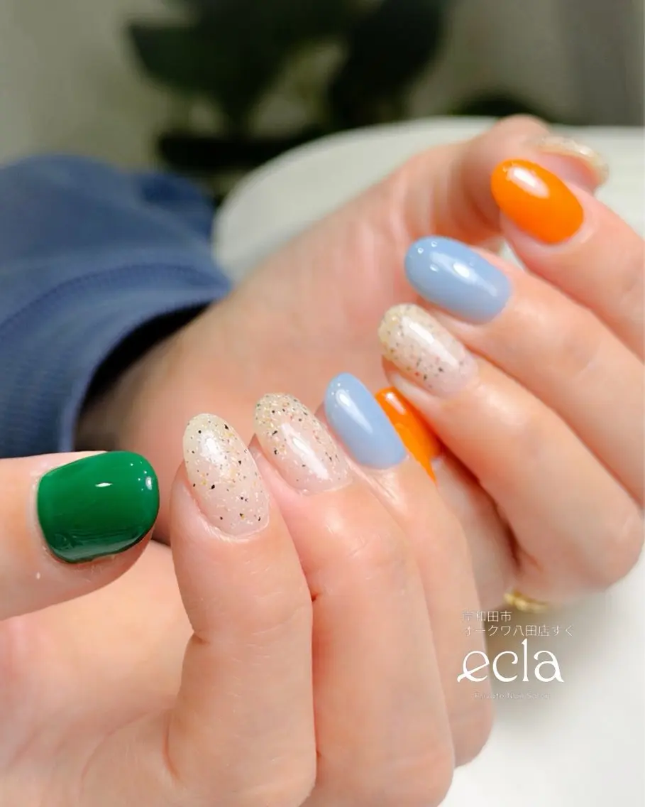 ネイル アートネイル ブルー グリーン 持ち込み オレンジ Nail Salon ecla 〜エクラ〜のネイルデザイン