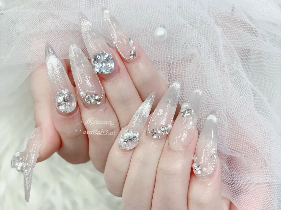 ネイル 成人式 マグネットネイル 大理石ネイル(マーブル) リボン 夏ネイル ハンドネイル MoMoA Nail ネイル長さ出し専門店のネイルデザイン