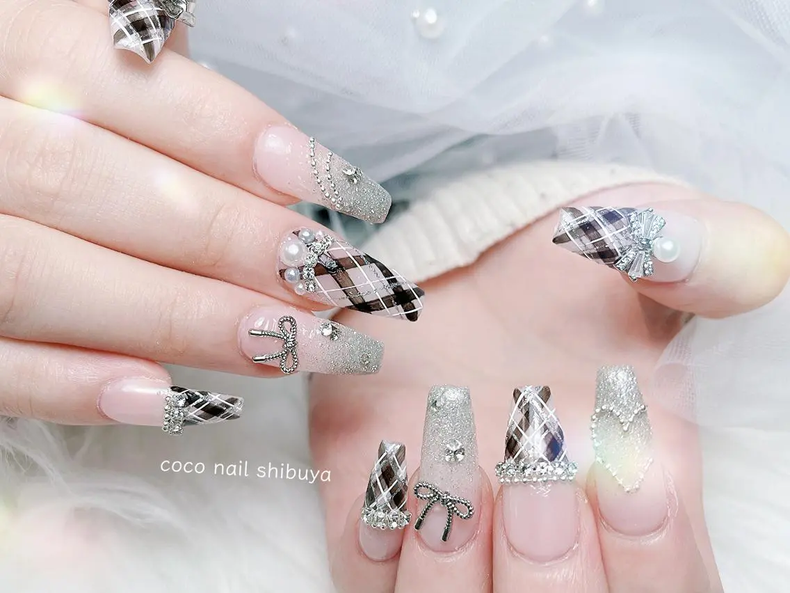 ネイル 成人式 大理石ネイル(マーブル) リボン 夏ネイル ネイルチップ ハンドネイル Mei Salon 長さ出し専門店のネイルデザイン