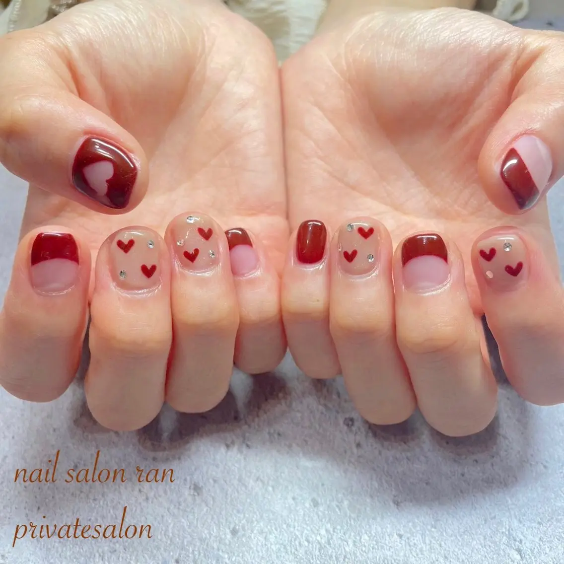 ネイル ボルドー クリアネイル ハート ハンドネイル ハンドケア nailsalon ranのネイルデザイン