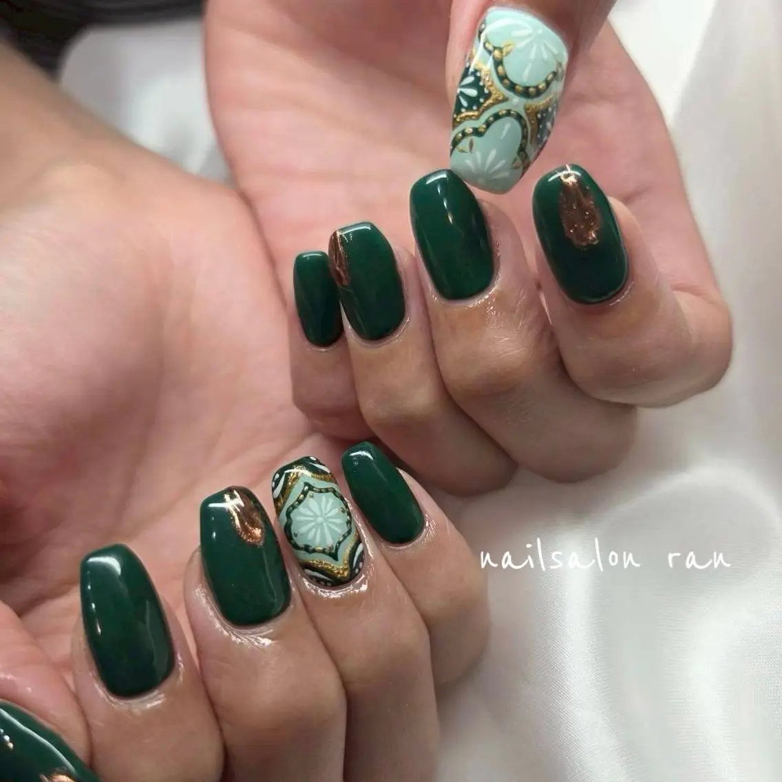 ネイル グリーン ハンドネイル ハンドケア nailsalon ranのネイルデザイン