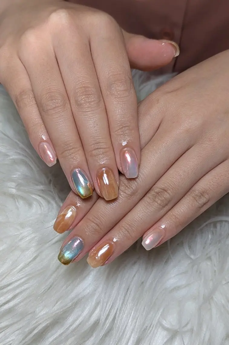 ネイル ミラーネイル ニュアンスネイル オレンジ シンプルネイル ハンドネイル m&pPrivate nailsalonのネイルデザイン